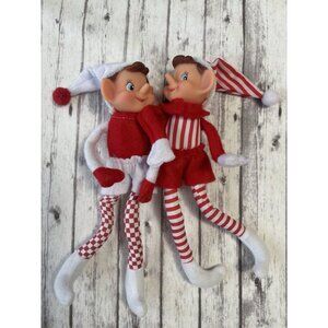 Vintage 9"‎ Pixie Elf 2 Elves Felt Red White Christmas Retro Bows Striped